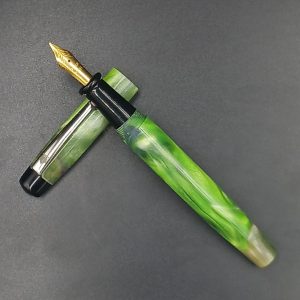 WOW Brand Model-1033A Nayam(Emerald Swallowtail) நயம் 13/13mm Handmade Resin Light green With Drak Green Liht Blue Color Body and Cap Top on Black Finial No.5.5 Fine Tipped Silver Clip Eye Dropper Model Fountain Pen SKU 60265