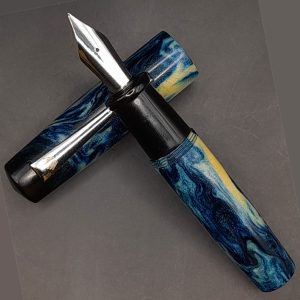 WOW Brand Model-1010A (Noble Clipse) Kural (குறள்) Handmade Resin Peocock Blue with Cream yellow Color Body with Cap, Silver Clip Top Finial Black No.35 Eyedropper Model Fountain Pen with Kanwrite Jowo Compatible Thread SKU 60304