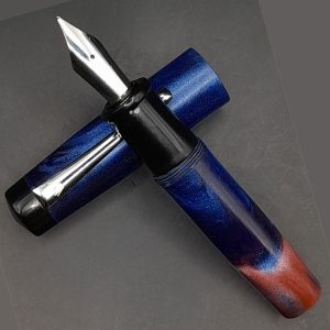 WOW Brand Model-1010A (Sapphire Noir) Kural (குறள்) Handmade Resin Dark Blue with Fire Orange Color Body with Blue Cap, Silver Clip Top Finial Black No.35 Eyedropper Model Fountain Pen with Kanwrite Jowo Compatible Thread SKU 60308