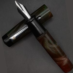 WOW Brand Model-1010A (Forest Enigma) Kural (குறள்) Handmade Resin Dark Green And Brown Color Clip Top Finial Black No.35 Eyedropper Model Fountain Pen with Kanwrite Jowo Compatible Thread SKU 60325