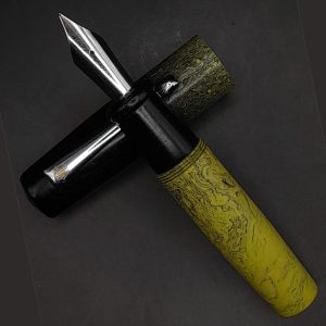 WOW Brand Model-1010A (Olive Nebula) Kural (குறள்) Handmade Resin Mottled Yellow And Black Color Clip Top Finial Black No.35 Eyedropper Model Fountain Pen with Kanwrite Jowo Compatible Thread SKU 60326