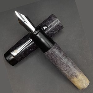WOW Brand Model-1010A (Smoky Granite) Kural (குறள்) Handmade Resin Cream White and Black Color Body and Cap , Silver Clip Top Finial Black No.35 Eyedropper Model Fountain Pen with Kanwrite Jowo Compatible Thread SKU 60328